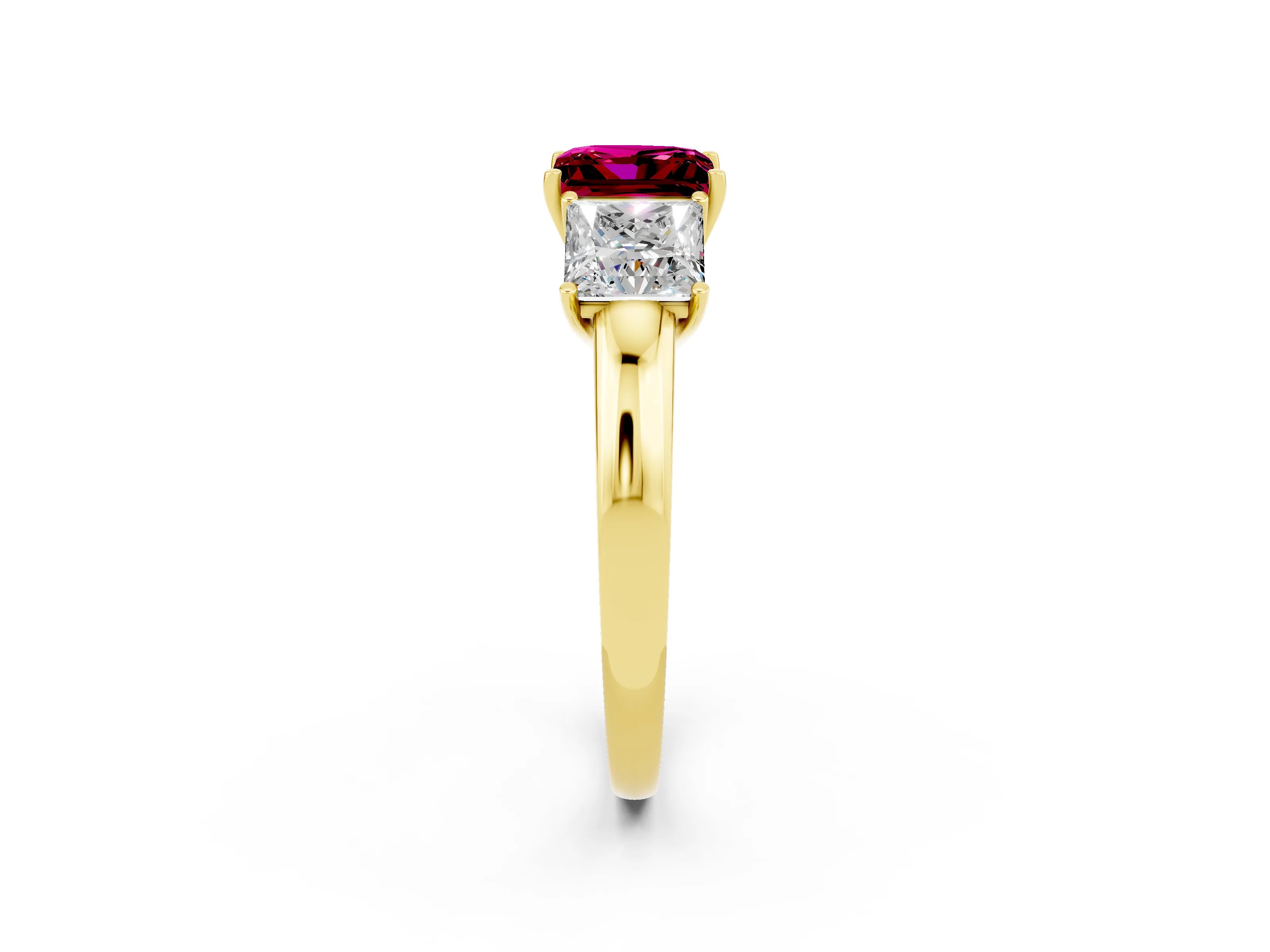 Yellow gold Princess Cut Garnet Three-Stone Ring with Four-Prong Setting and Classic Band_2