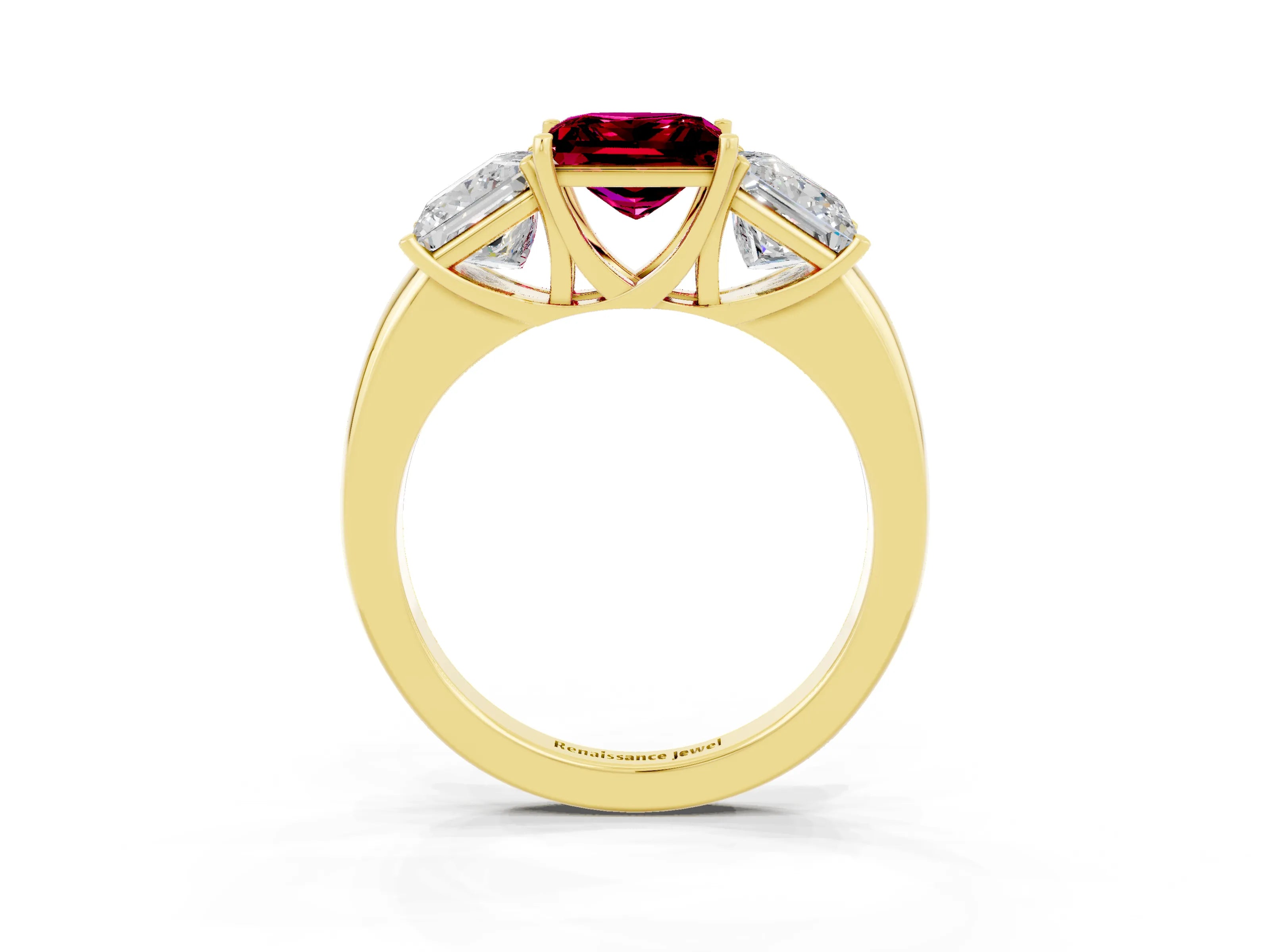 Yellow gold Princess Cut Garnet Three-Stone Ring with Four-Prong Setting and Classic Band_3