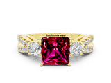 Yellow gold Princess Cut Garnet Three-Stone Ring with Pavé Split Shank and Four-Prong Setting