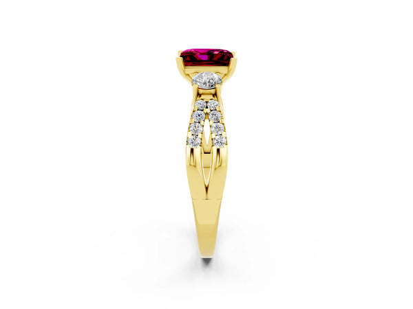 Yellow gold Princess Cut Garnet Three-Stone Ring with Pavé Split Shank and Four-Prong Setting