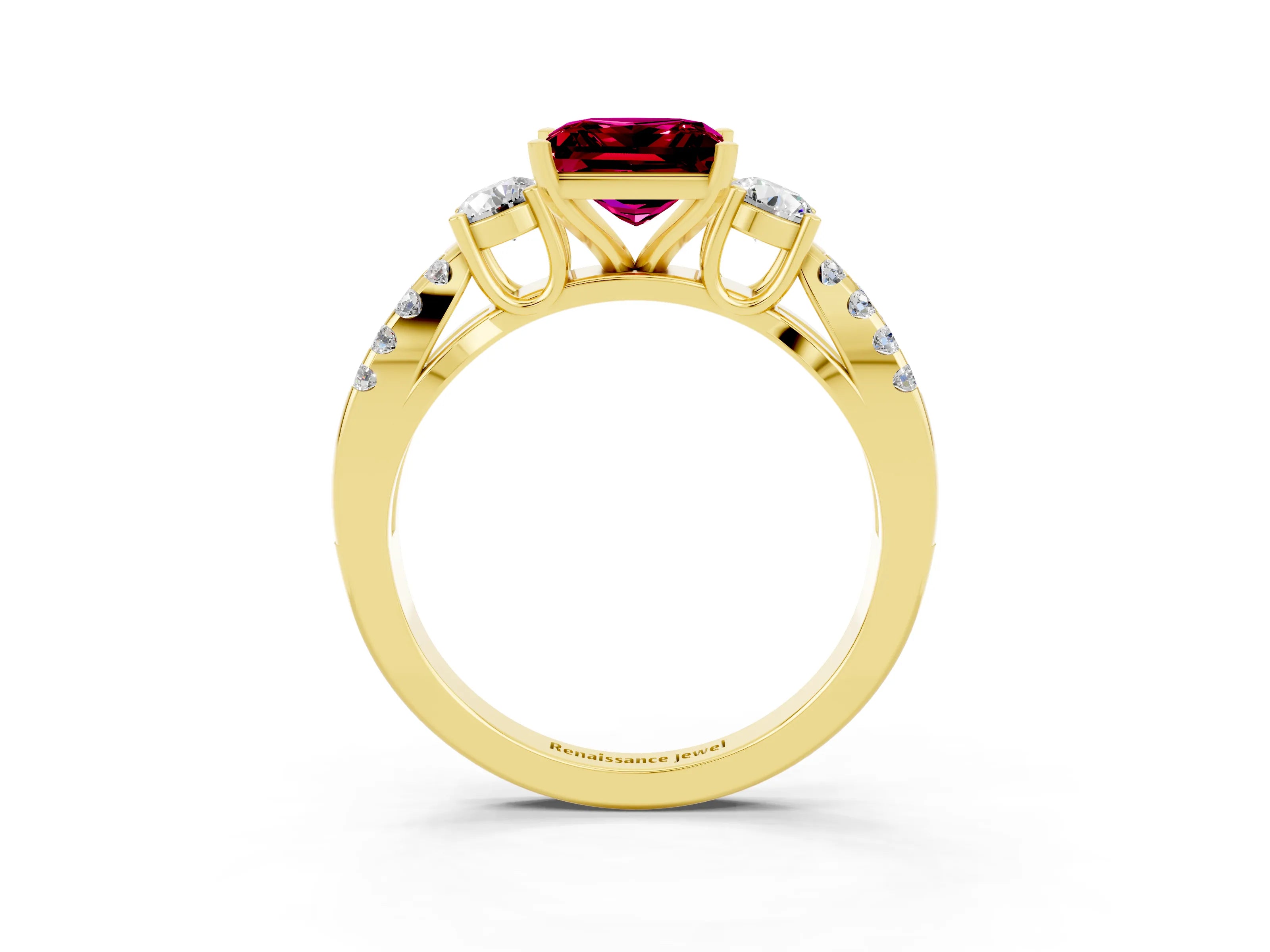 Yellow gold Princess Cut Garnet Three-Stone Ring with Pavé Split Shank and Four-Prong Setting_3