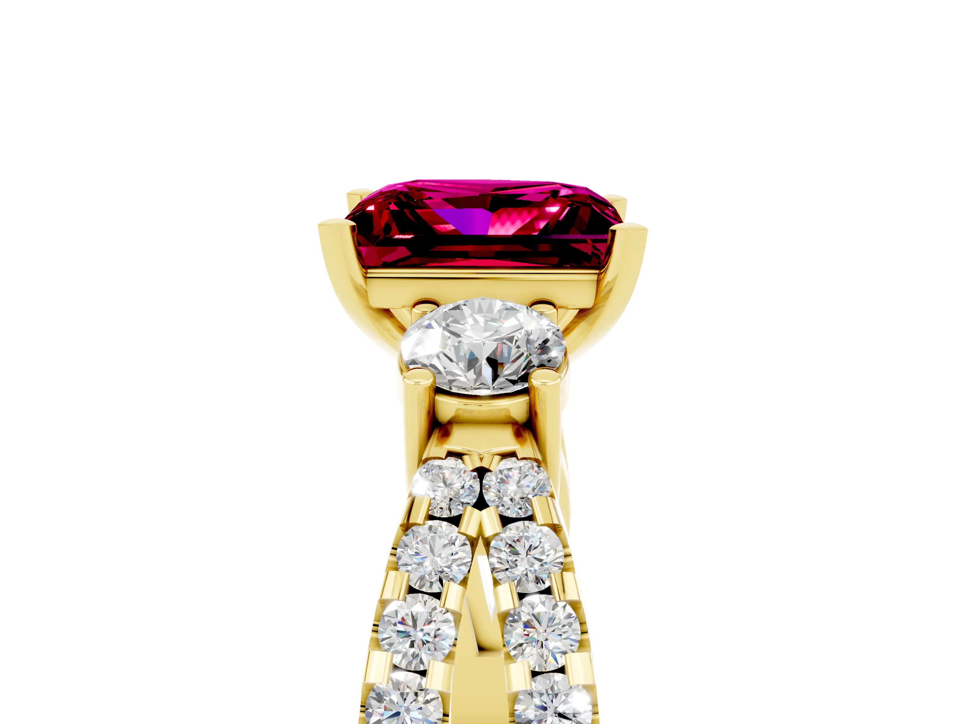 Yellow gold Princess Cut Garnet Three-Stone Ring with Pavé Split Shank and Four-Prong Setting_5
