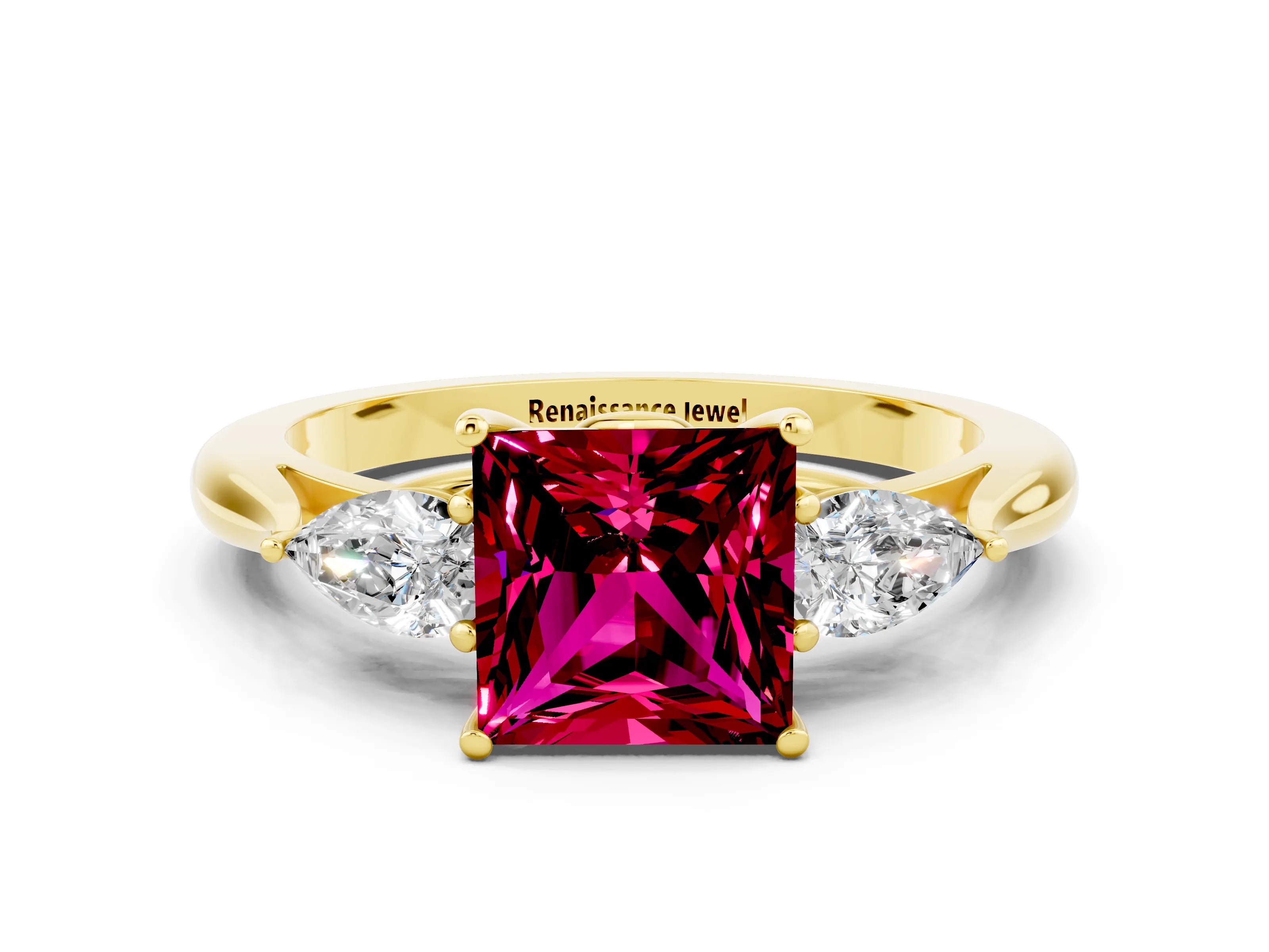 Yellow gold Princess Cut Garnet Three-Stone Ring with Pear Side Stones and Four-Prong Setting_12