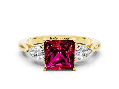Yellow gold Princess Cut Garnet Three-Stone Ring with Pear Side Stones and Four-Prong Setting_12