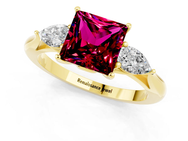 Yellow gold Princess Cut Garnet Three-Stone Ring with Pear  Side Stones and Prong Setting