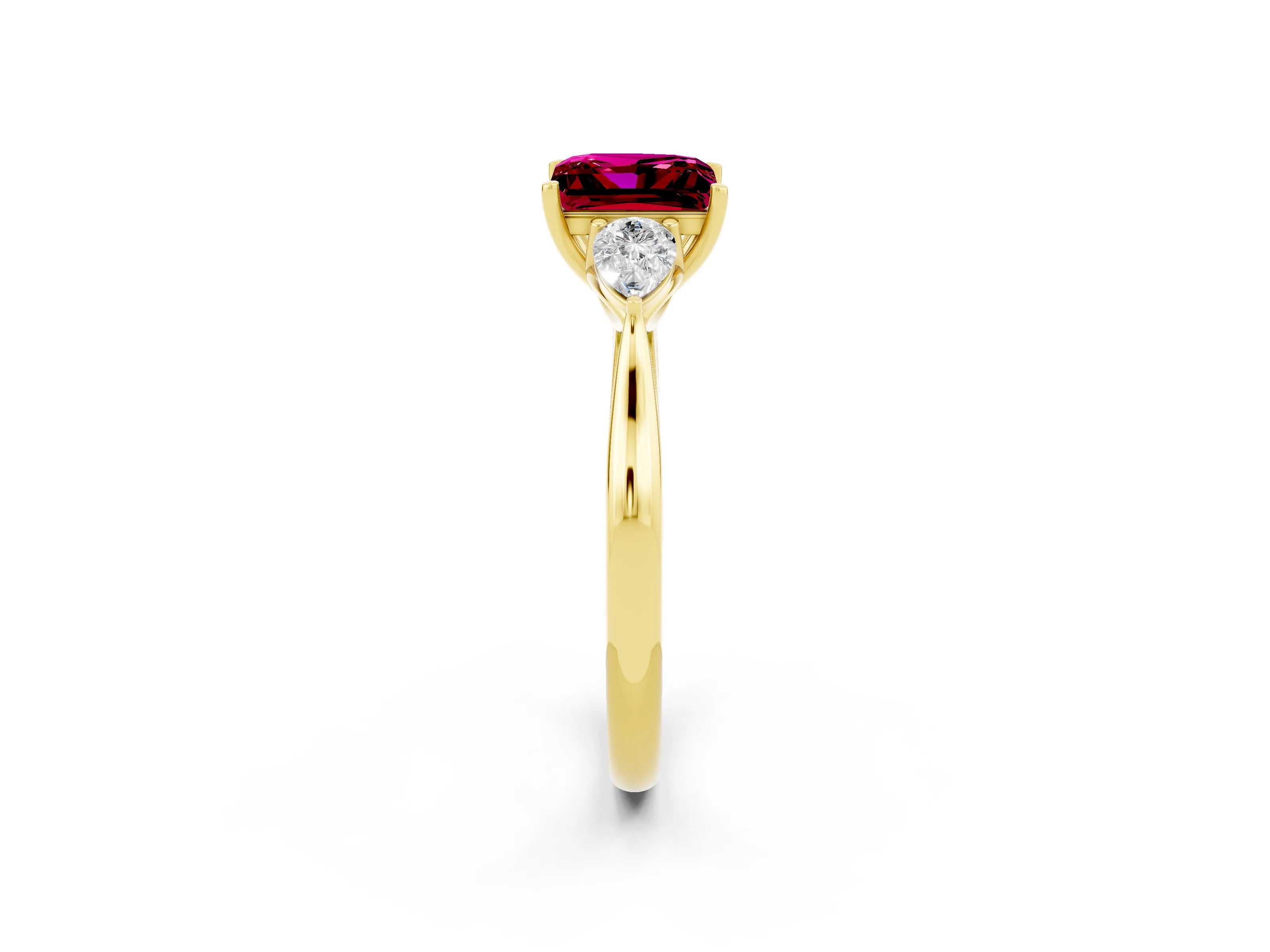 Yellow gold Princess Cut Garnet Three-Stone Ring with Pear Side Stones and Four-Prong Setting_14