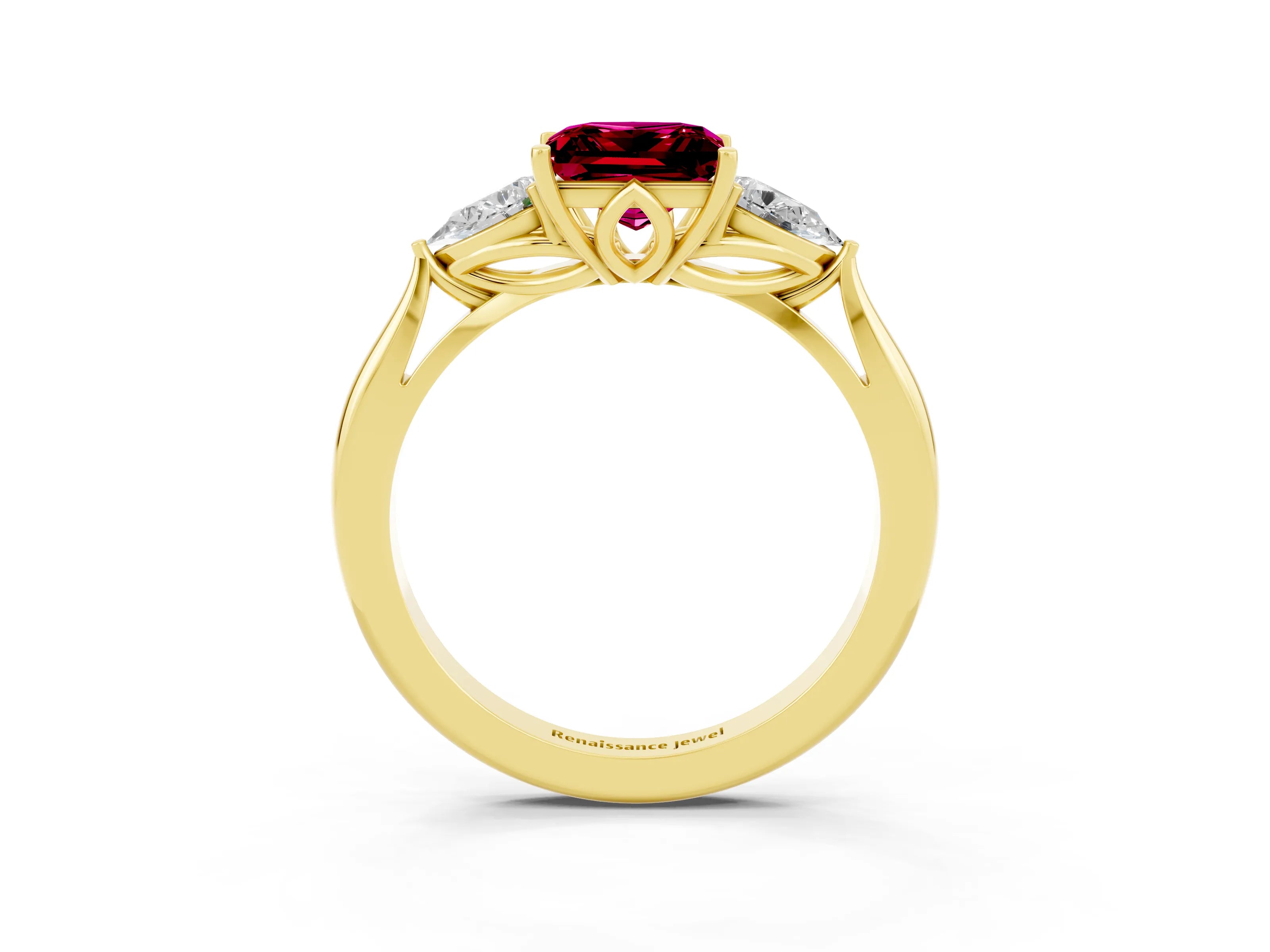 Yellow gold Princess Cut Garnet Three-Stone Ring with Pear Side Stones and Four-Prong Setting_15