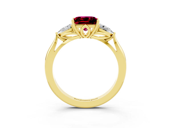 Yellow gold Princess Cut Garnet Three-Stone Ring with Pear  Side Stones and Prong Setting