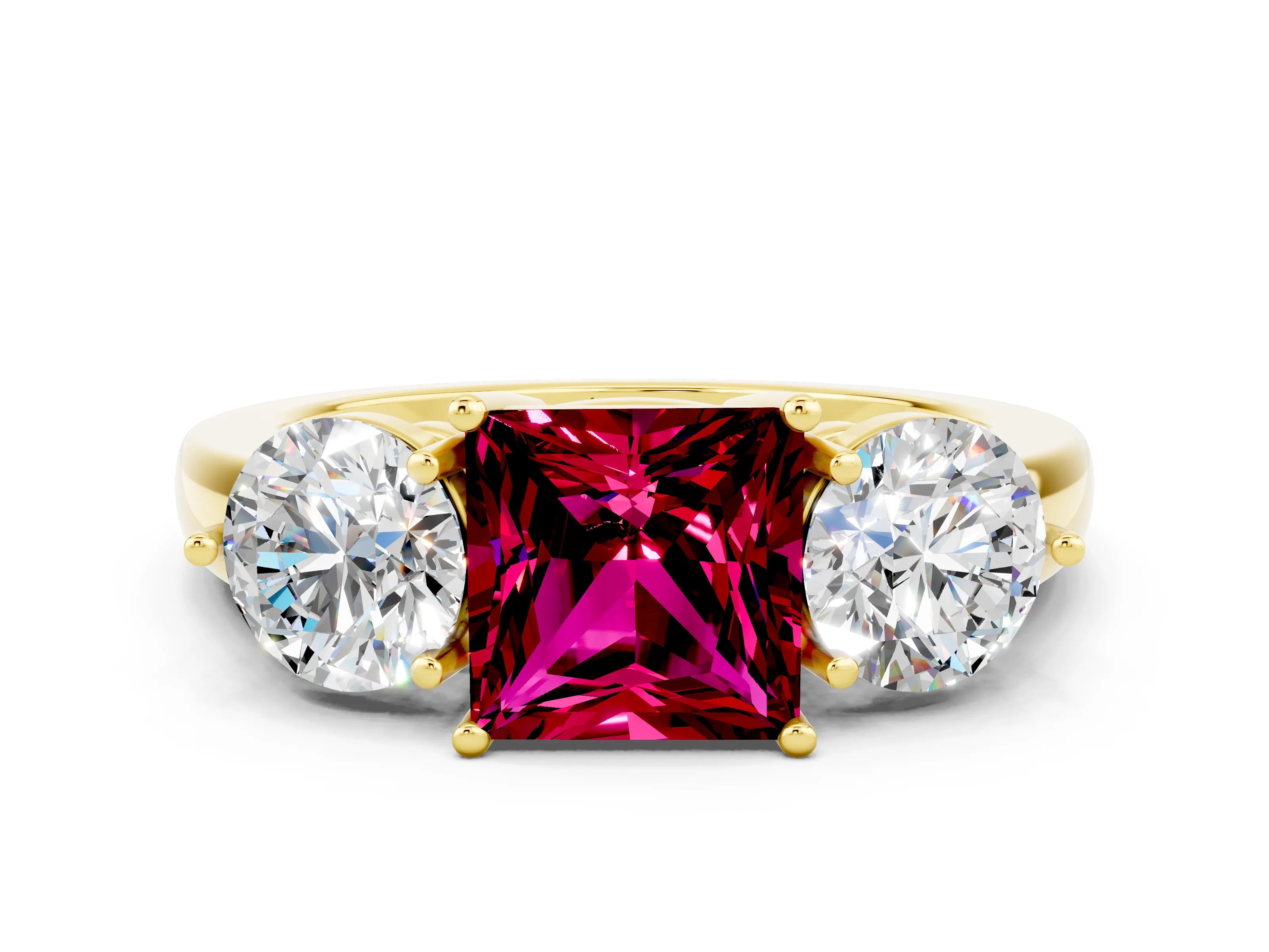 Yellow gold Princess Cut Garnet Three-Stone Ring with Prong Setting and Classic Band