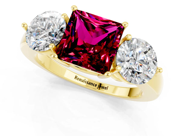 Yellow gold Princess Cut Garnet Three-Stone Ring with Prong Setting and Classic Band