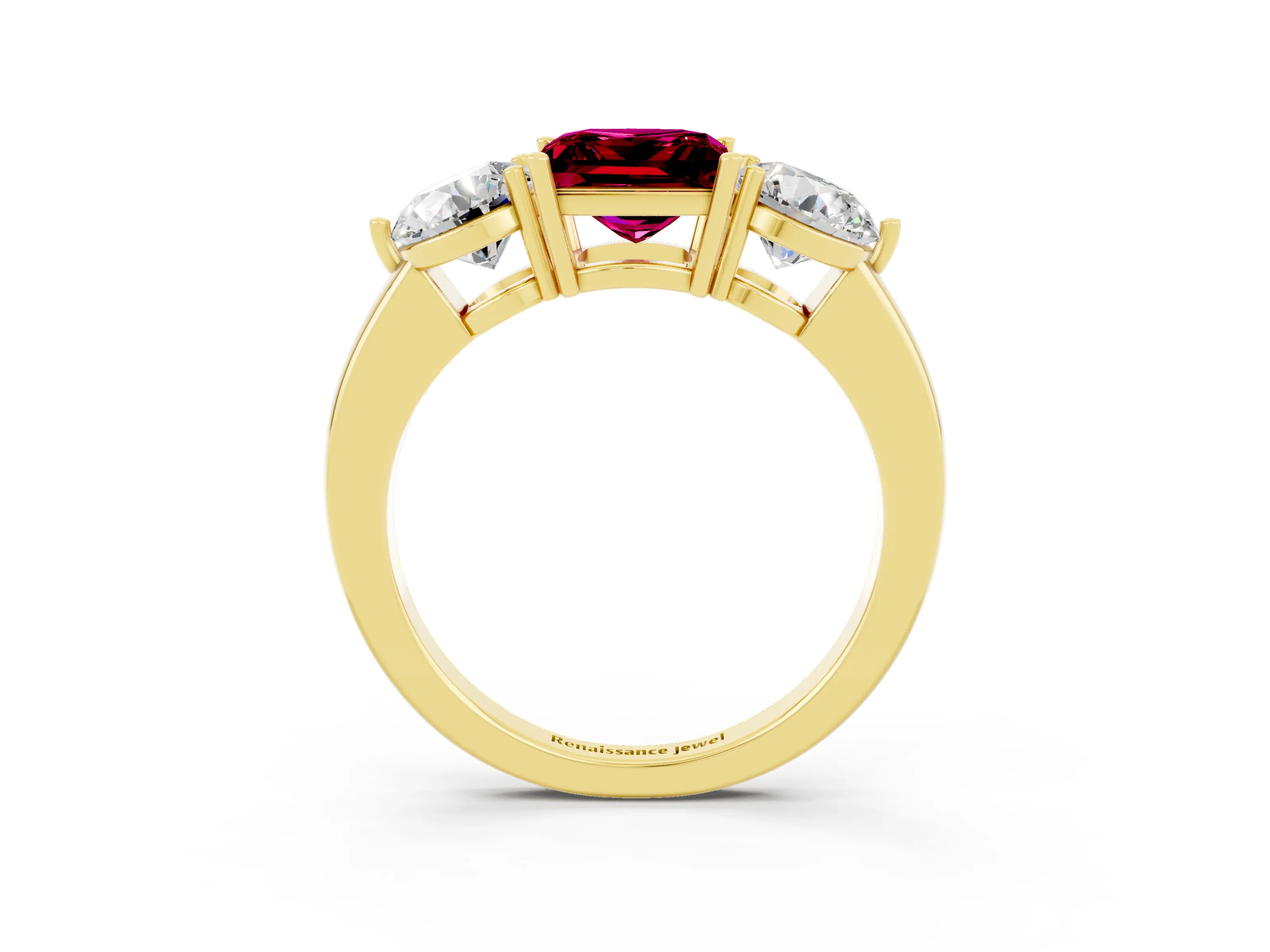Yellow gold Princess Cut Garnet Three-Stone Ring with Prong Setting and Classic Band_3