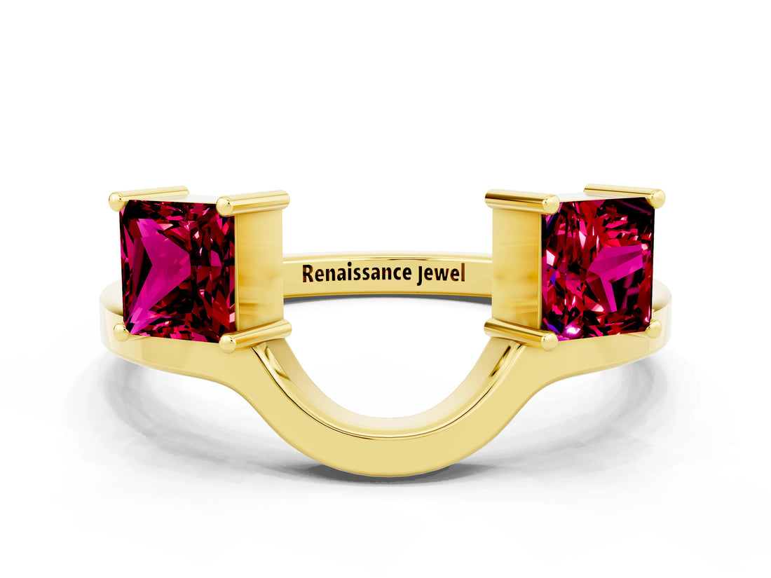 Yellow gold Princess Cut Garnet Two-Stone Open Band Ring with Four-Prong Setting_6