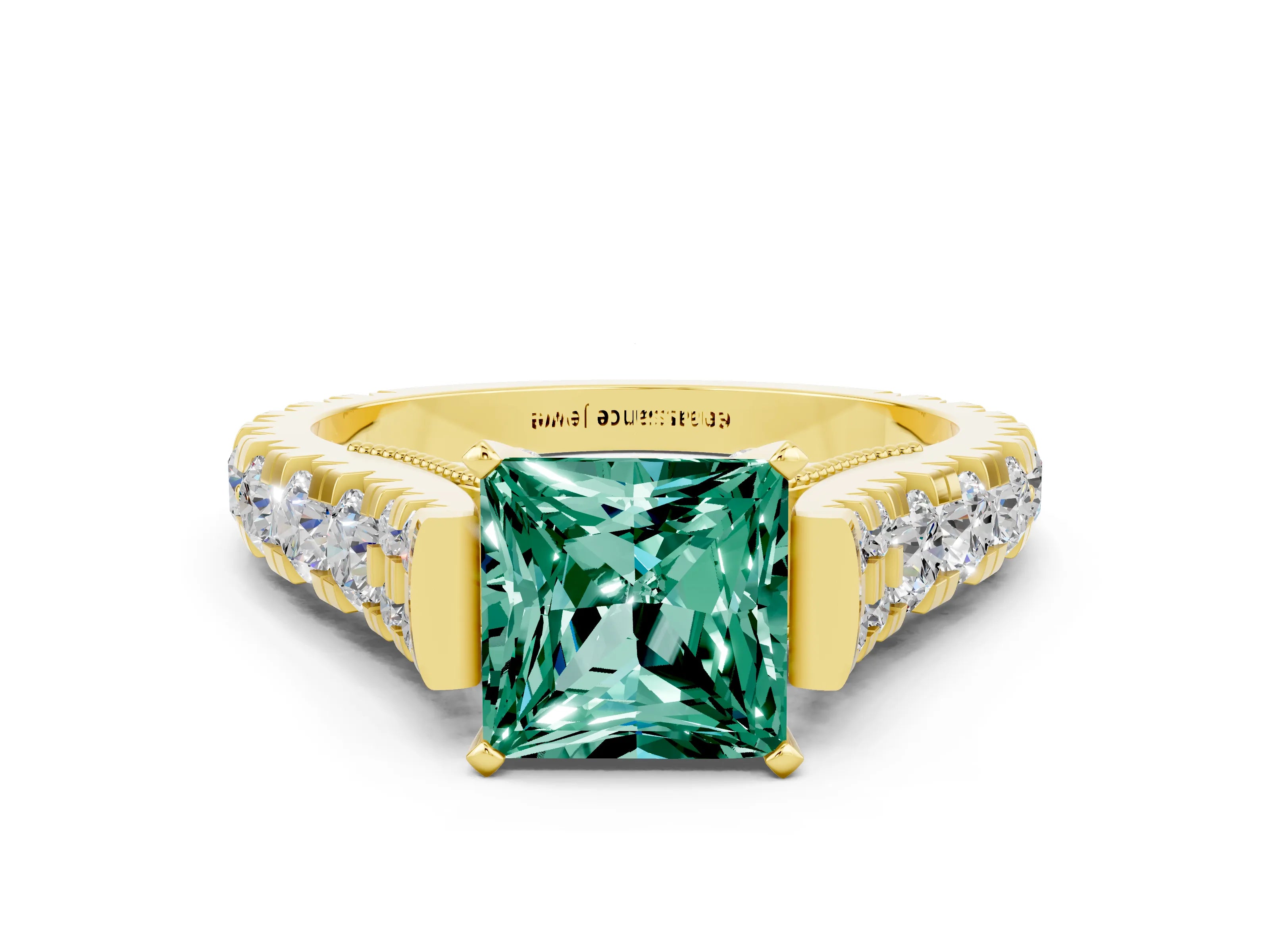 Yellow gold Princess Cut Green Sapphire Classic Solitaire Ring with Pavé Band and Four-Prong Setting