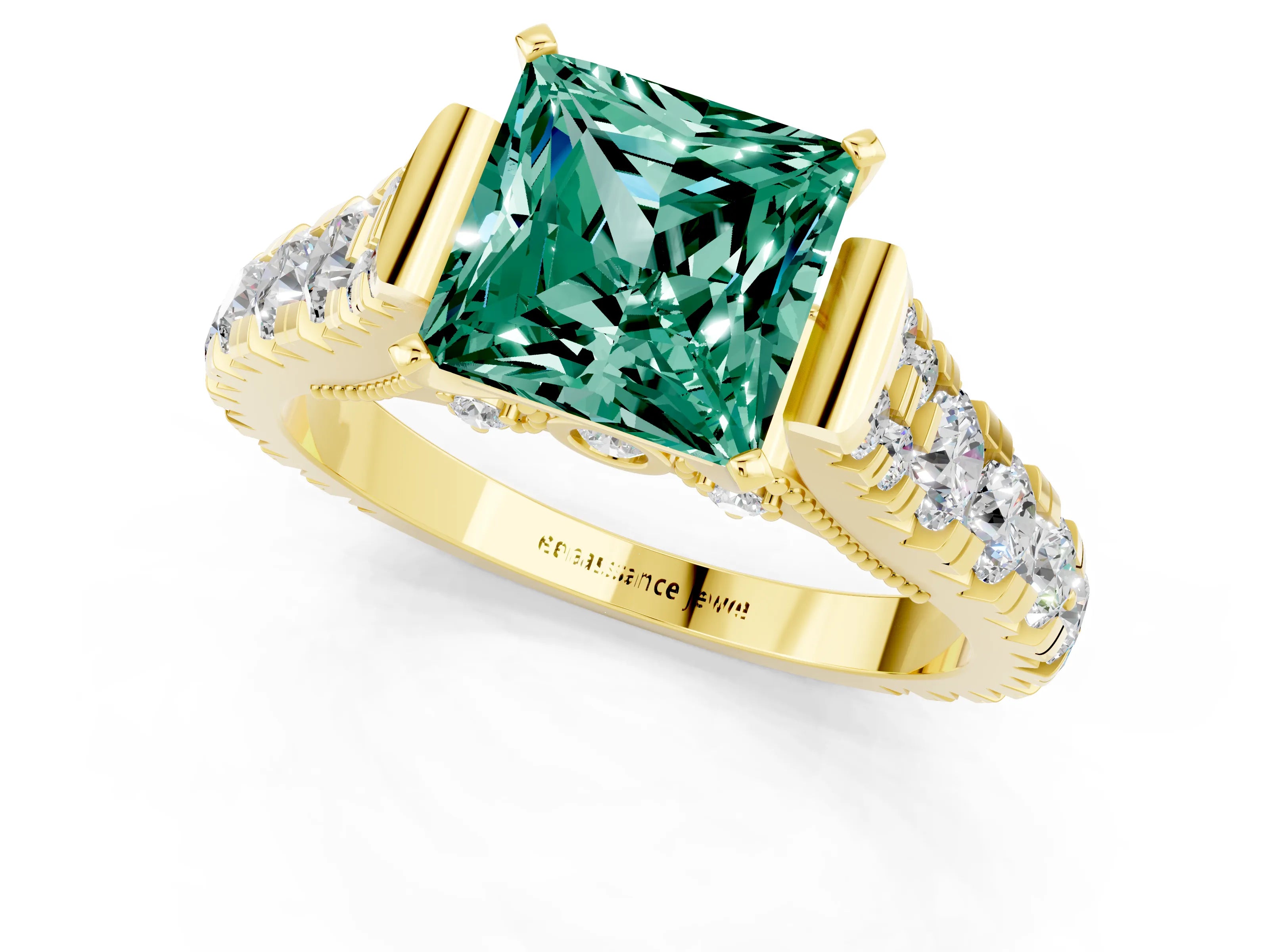 Yellow gold Princess Cut Green Sapphire Classic Solitaire Ring with Pavé Band and Four-Prong Setting_1