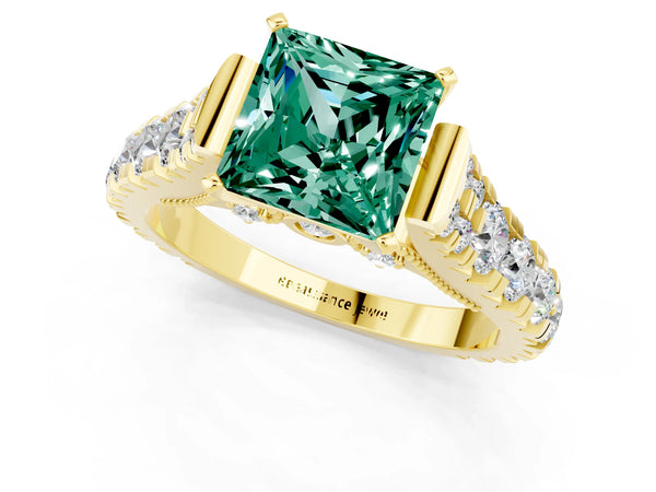 Yellow gold Princess Cut Green Sapphire Classic Solitaire Ring with Pavé Band and Four-Prong Setting