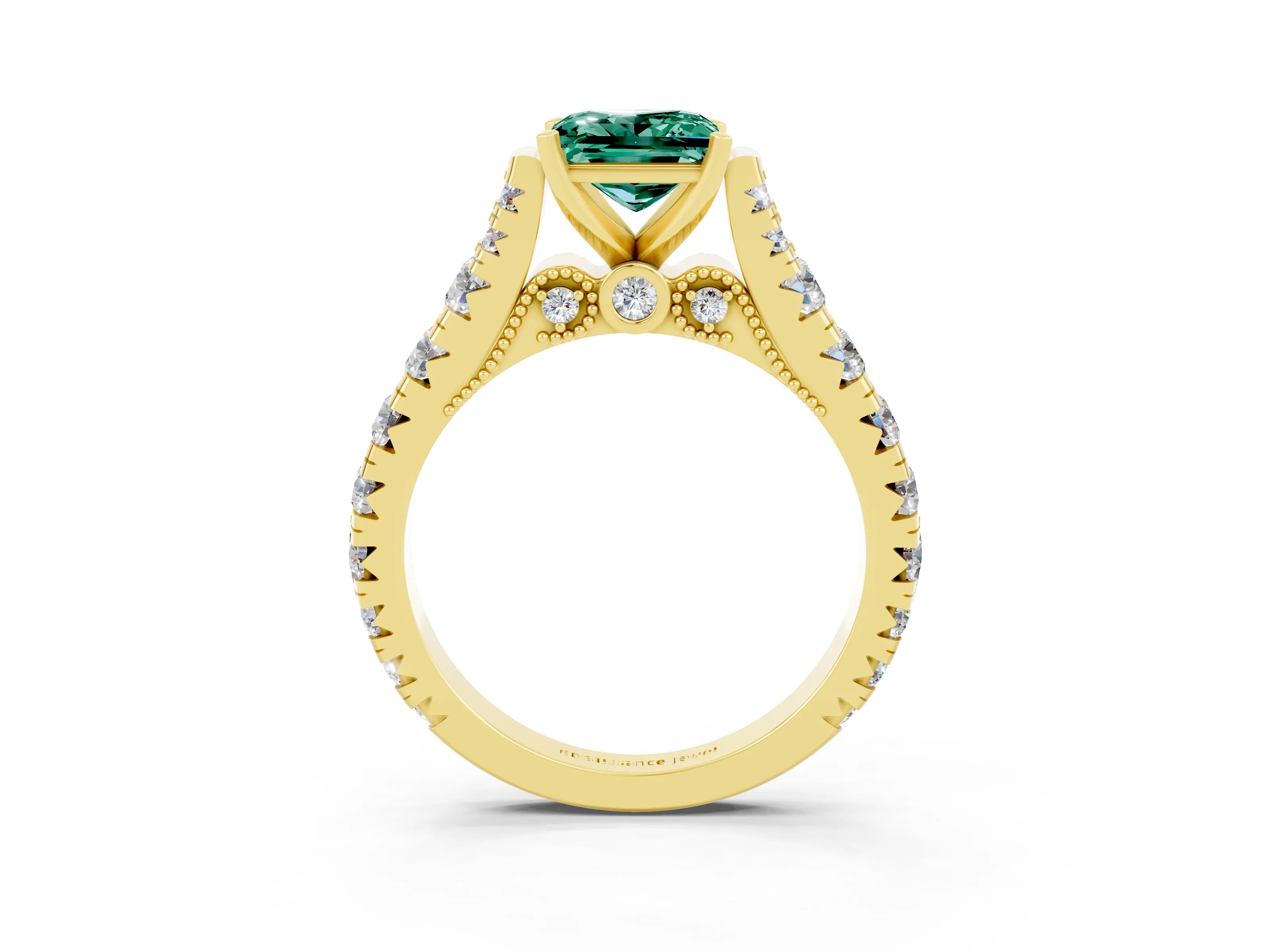 Yellow gold Princess Cut Green Sapphire Classic Solitaire Ring with Pavé Band and Four-Prong Setting_3