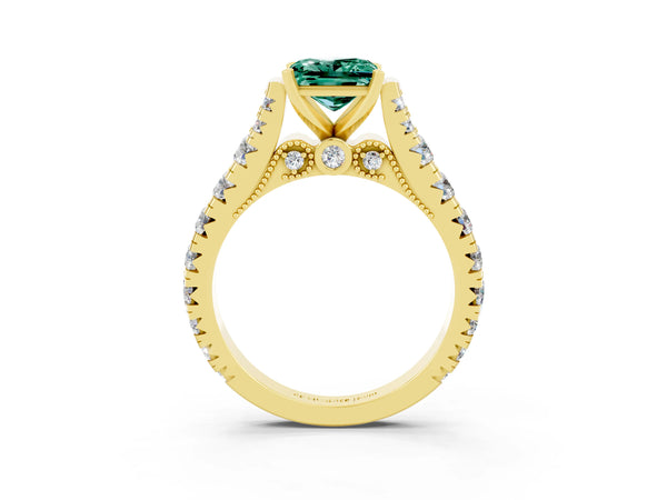 Yellow gold Princess Cut Green Sapphire Classic Solitaire Ring with Pavé Band and Four-Prong Setting