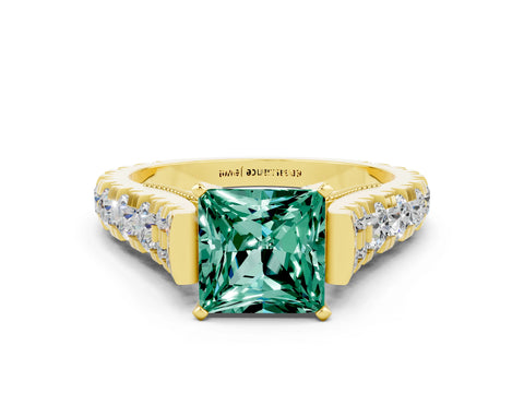 Yellow gold Princess Cut Green Sapphire Classic Solitaire Ring with Pavé Band and Four-Prong Setting