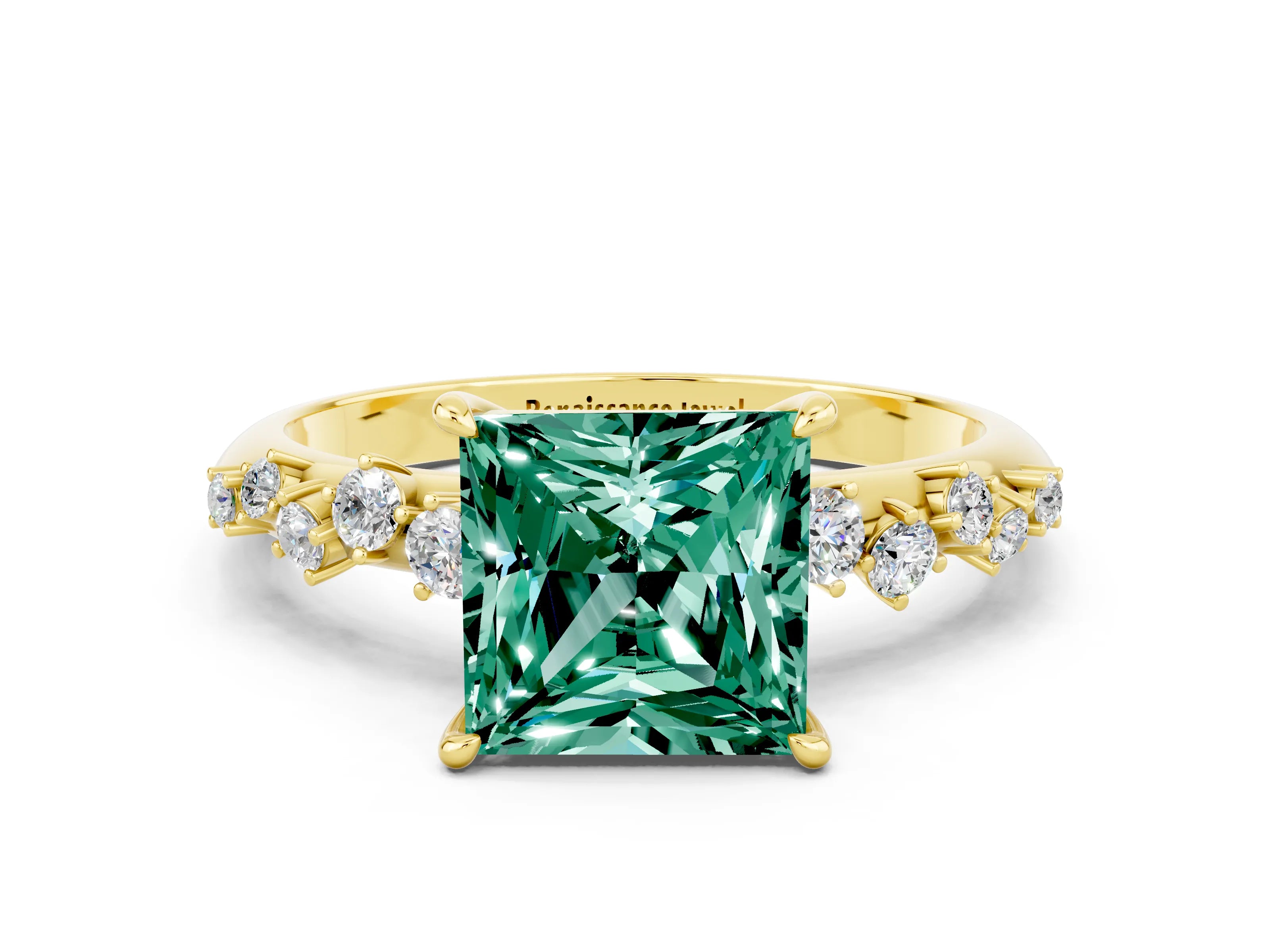 Yellow gold Princess Cut Green Sapphire Cluster Side Stone Solitaire Ring with Prong Setting_24