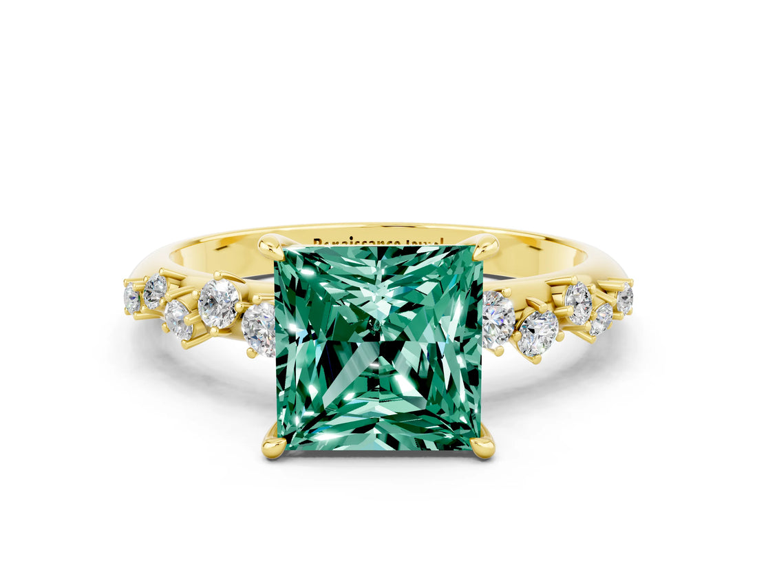 Yellow gold Princess Cut Green Sapphire Cluster Side Stone Solitaire Ring with Prong Setting_24