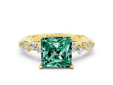 Yellow gold Princess Cut Green Sapphire Cluster Side Stone Solitaire Ring with Prong Setting_24