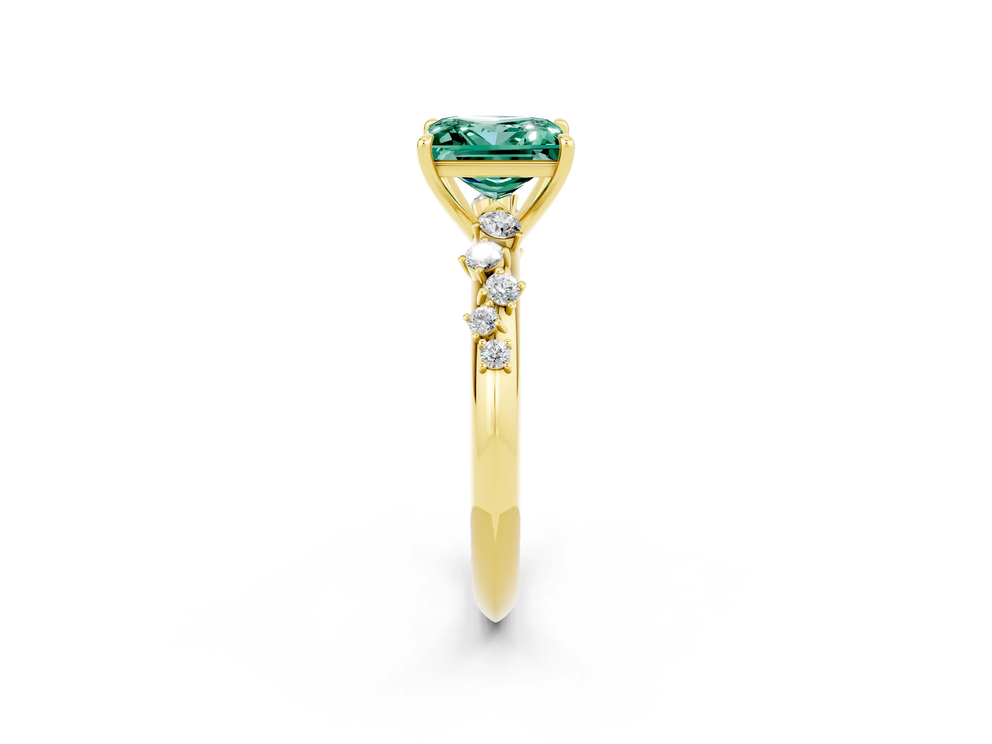 Yellow gold Princess Cut Green Sapphire Cluster Side Stone Solitaire Ring with Prong Setting_26