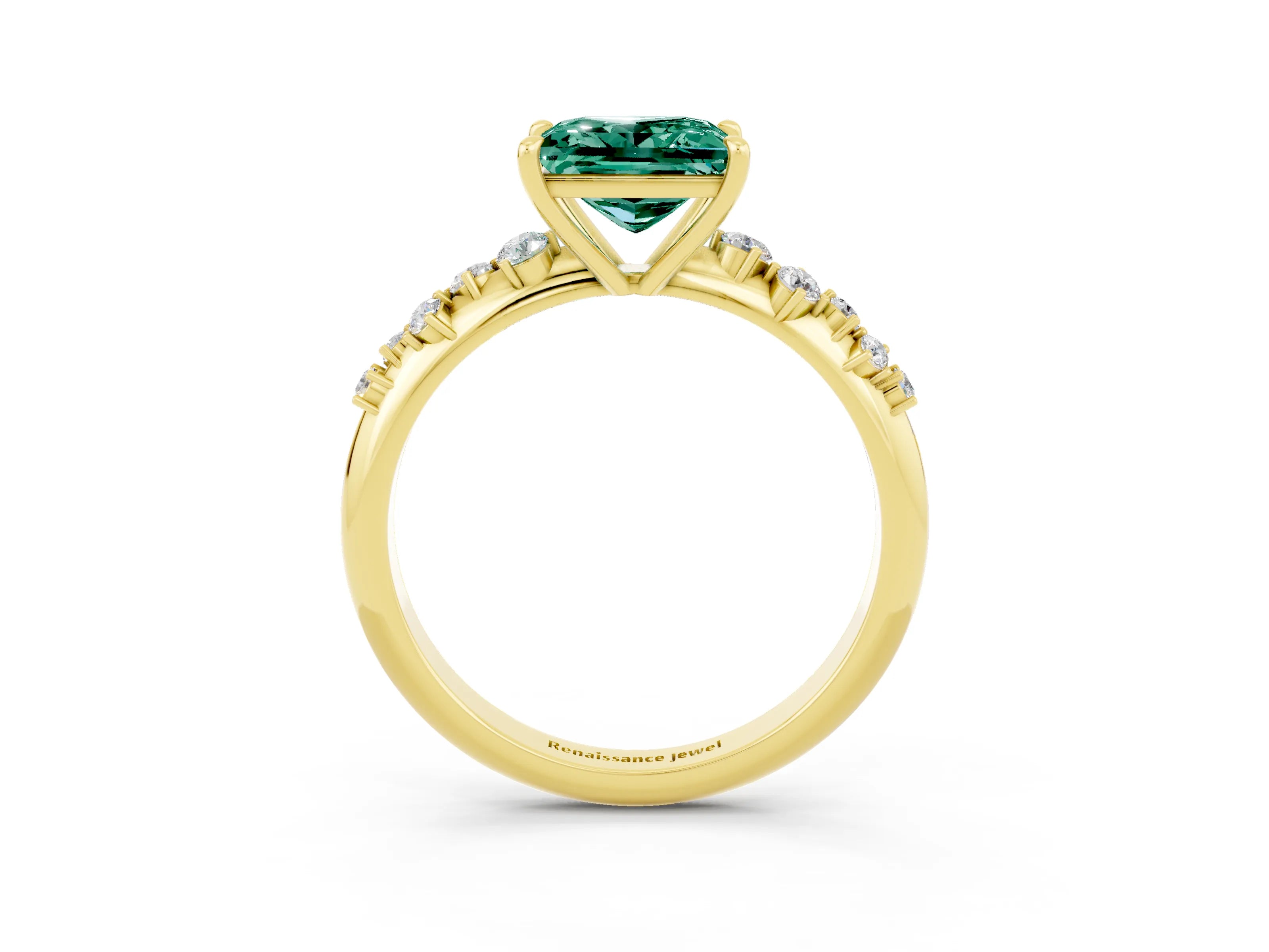 Yellow gold Princess Cut Green Sapphire Cluster Side Stone Solitaire Ring with Prong Setting_27