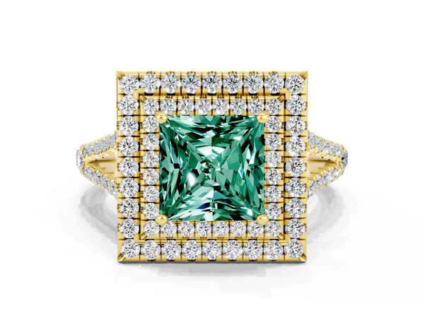 Yellow gold Princess Cut Green Sapphire Double Halo Ring with Pavé Band and Prong Setting