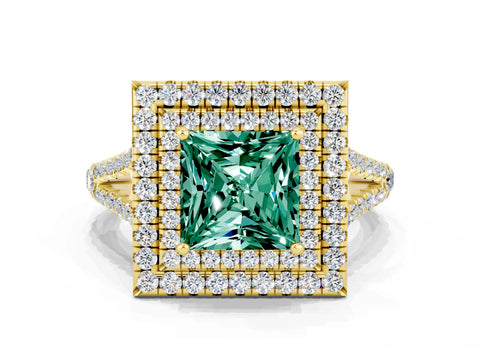 Yellow gold Princess Cut Green Sapphire Double Halo Ring with Pavé Band and Prong Setting_12