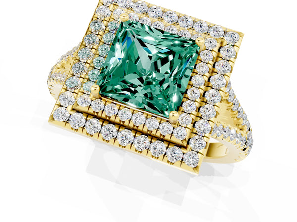 Yellow gold Princess Cut Green Sapphire Double Halo Ring with Pavé Band and Prong Setting