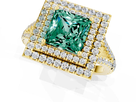Yellow gold Princess Cut Green Sapphire Double Halo Ring with Pavé Band and Prong Setting_13