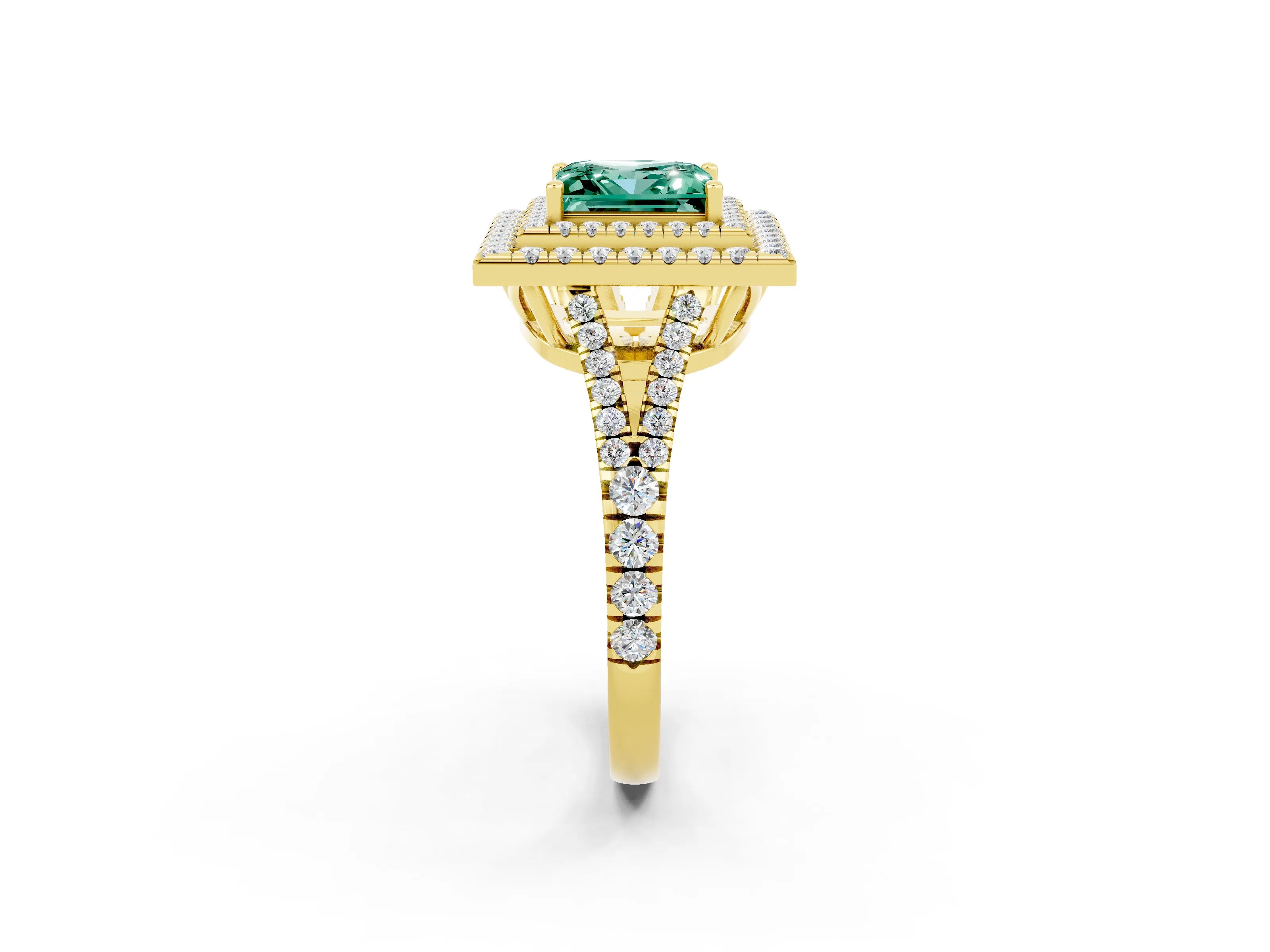 Yellow gold Princess Cut Green Sapphire Double Halo Ring with Pavé Band and Prong Setting_14