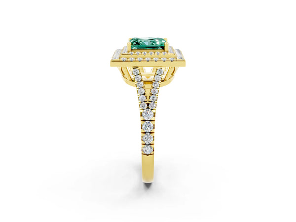Yellow gold Princess Cut Green Sapphire Double Halo Ring with Pavé Band and Prong Setting