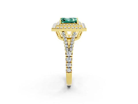 Yellow gold Princess Cut Green Sapphire Double Halo Ring with Pavé Band and Prong Setting_14