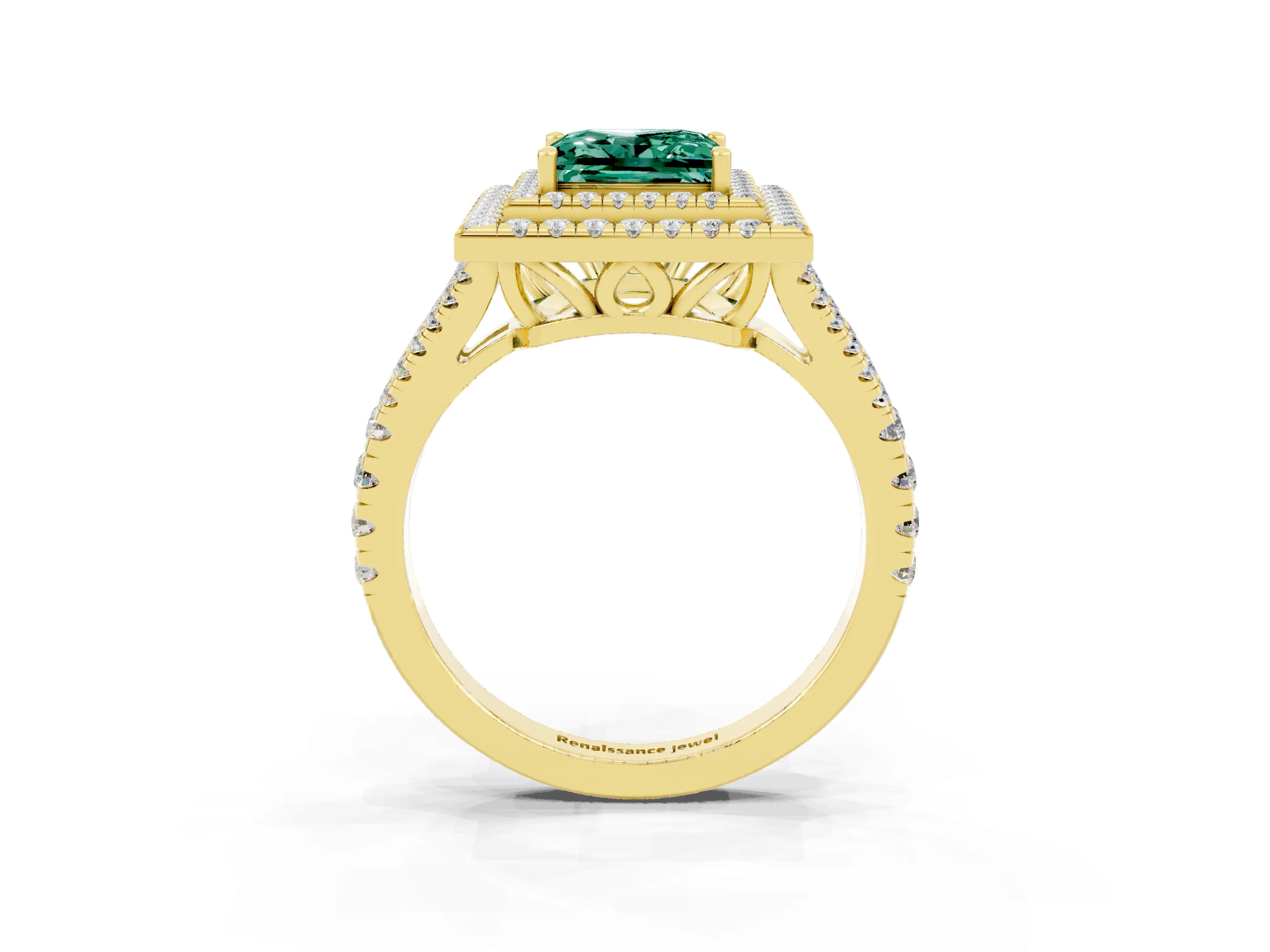 Yellow gold Princess Cut Green Sapphire Double Halo Ring with Pavé Band and Prong Setting_15