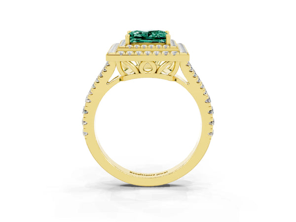 Yellow gold Princess Cut Green Sapphire Double Halo Ring with Pavé Band and Prong Setting