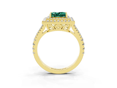 Yellow gold Princess Cut Green Sapphire Double Halo Ring with Pavé Band and Prong Setting_15