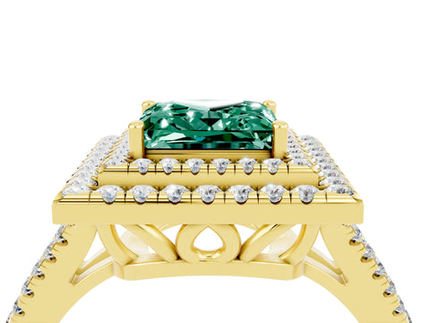 Yellow gold Princess Cut Green Sapphire Double Halo Ring with Pavé Band and Prong Setting_16