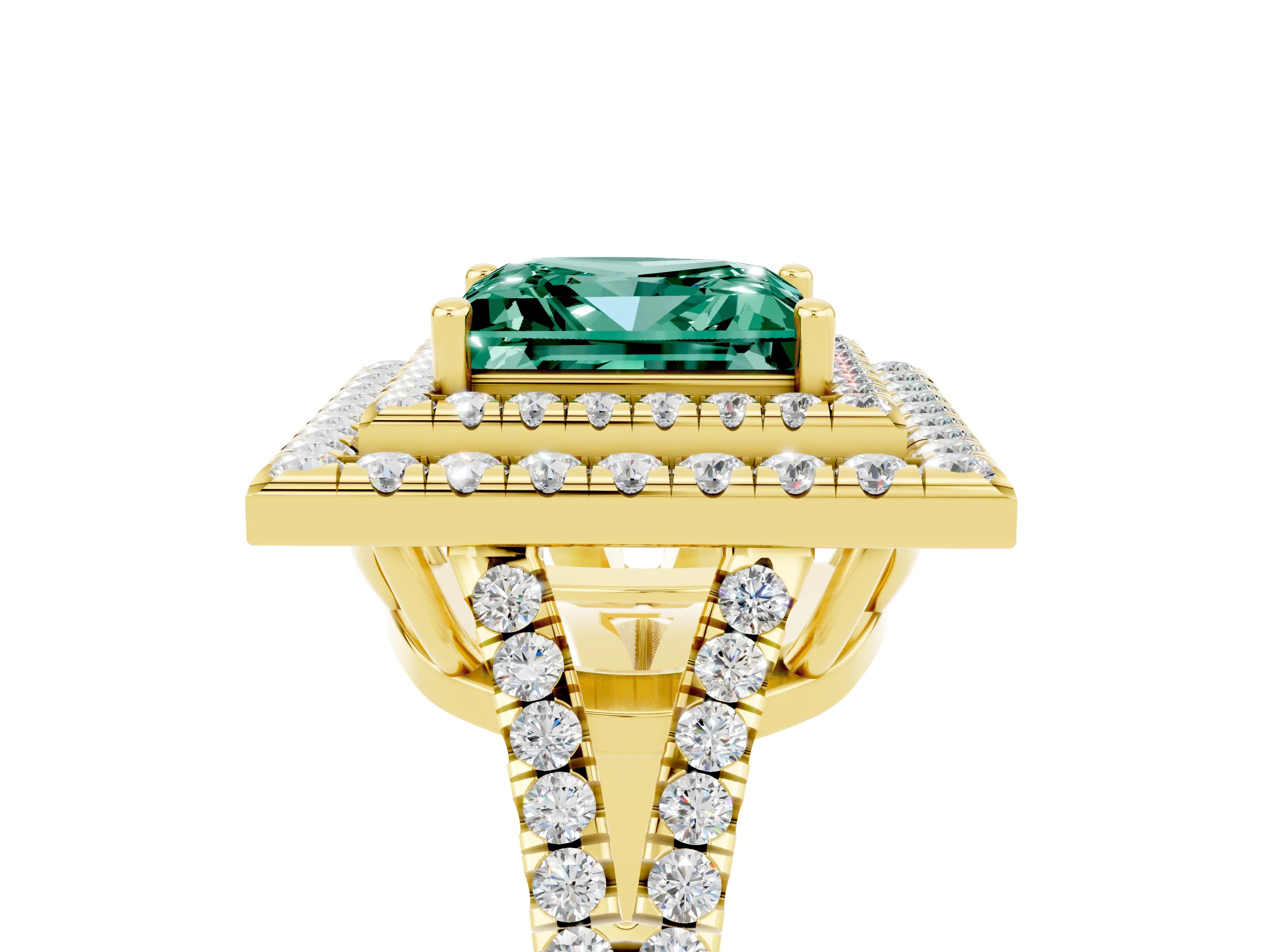 Yellow gold Princess Cut Green Sapphire Double Halo Ring with Pavé Band and Prong Setting_17