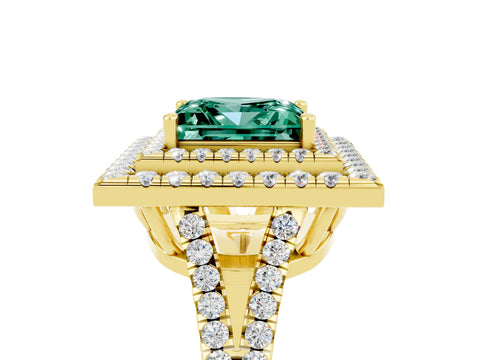 Yellow gold Princess Cut Green Sapphire Double Halo Ring with Pavé Band and Prong Setting_17