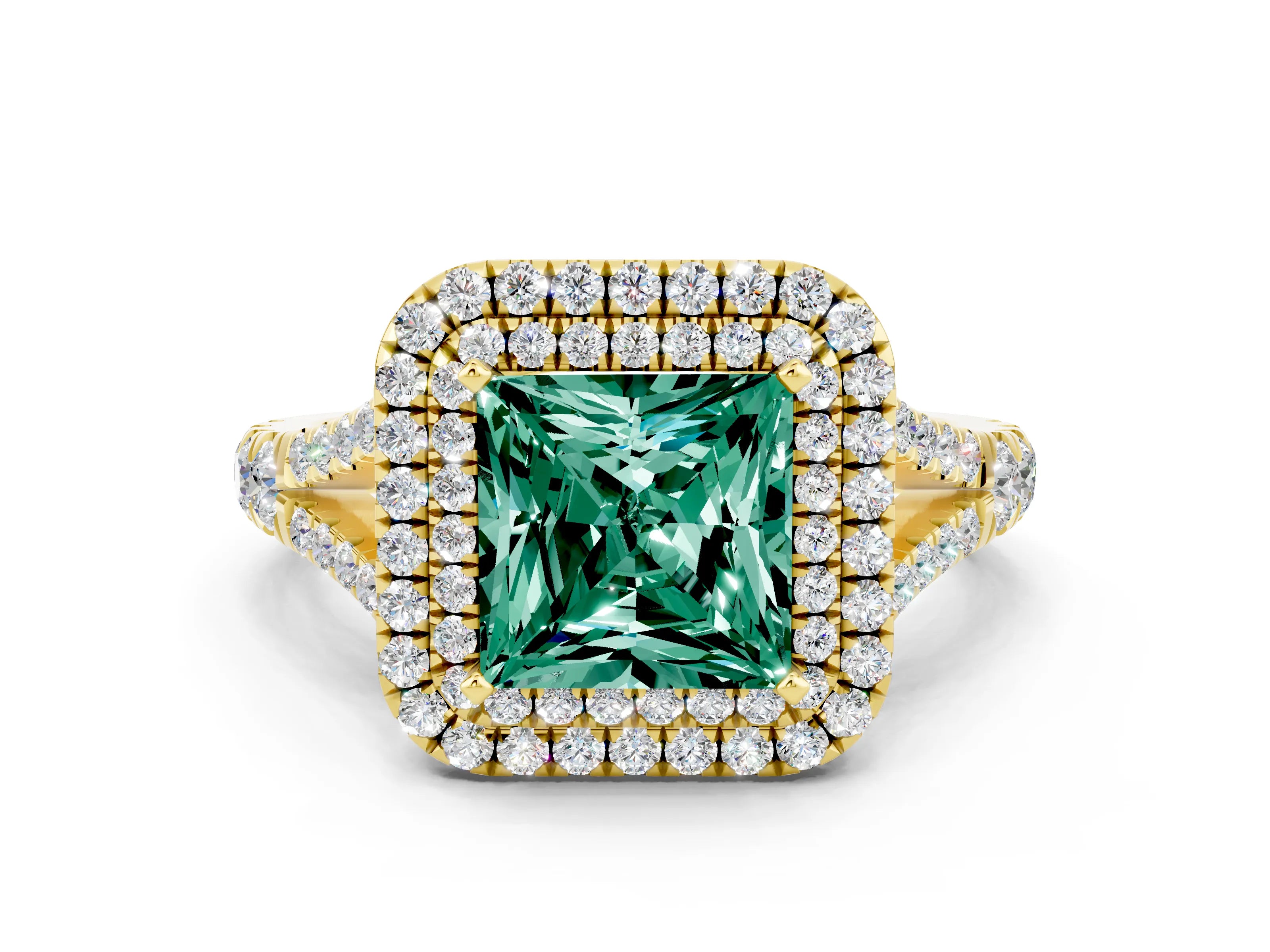 Yellow gold Princess Cut Green Sapphire Double Halo Ring with Split Shank and Prong Setting_12