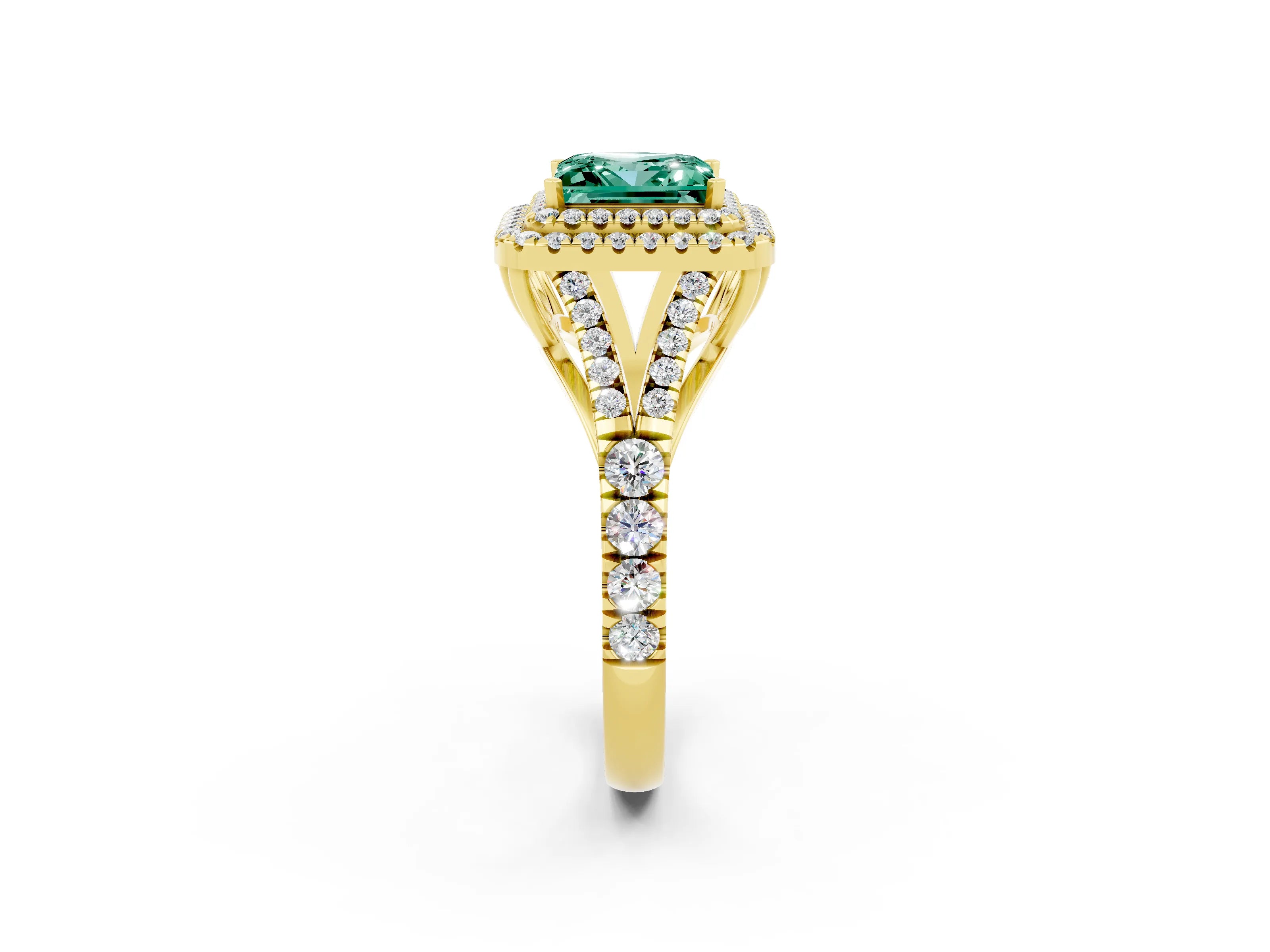 Yellow gold Princess Cut Green Sapphire Double Halo Ring with Split Shank and Prong Setting_14