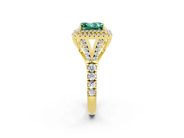 Yellow gold Princess Cut Green Sapphire Double Halo Ring with Split Shank and Prong Setting