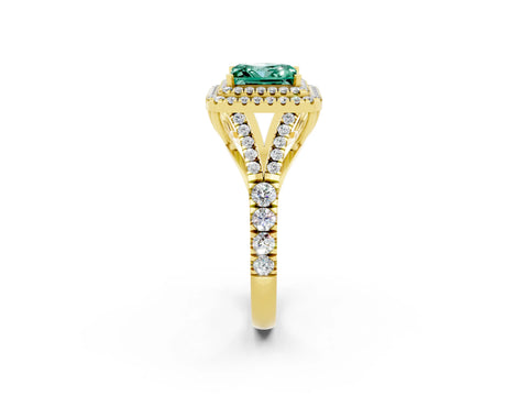 Yellow gold Princess Cut Green Sapphire Double Halo Ring with Split Shank and Prong Setting_14