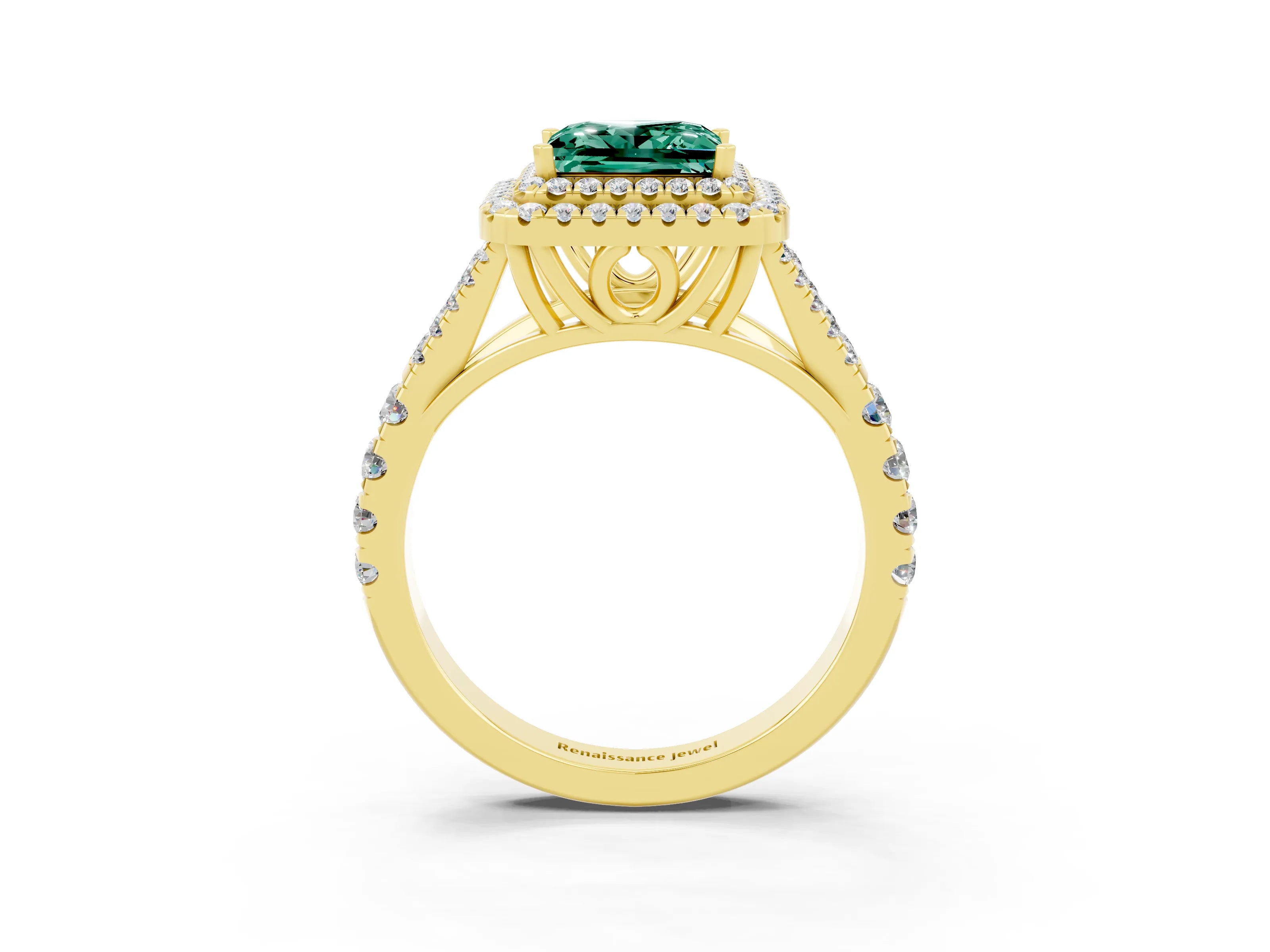 Yellow gold Princess Cut Green Sapphire Double Halo Ring with Split Shank and Prong Setting_15