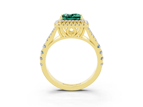 Yellow gold Princess Cut Green Sapphire Double Halo Ring with Split Shank and Prong Setting