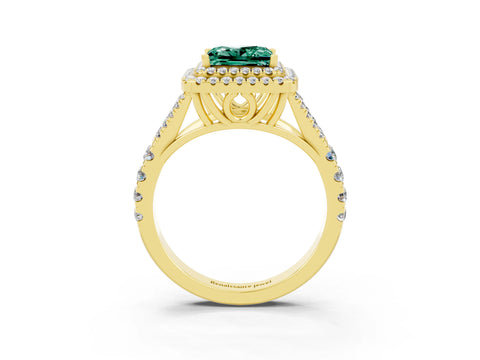 Yellow gold Princess Cut Green Sapphire Double Halo Ring with Split Shank and Prong Setting_15