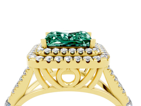 Yellow gold Princess Cut Green Sapphire Double Halo Ring with Split Shank and Prong Setting_16
