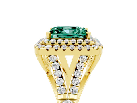 Yellow gold Princess Cut Green Sapphire Double Halo Ring with Split Shank and Prong Setting_17