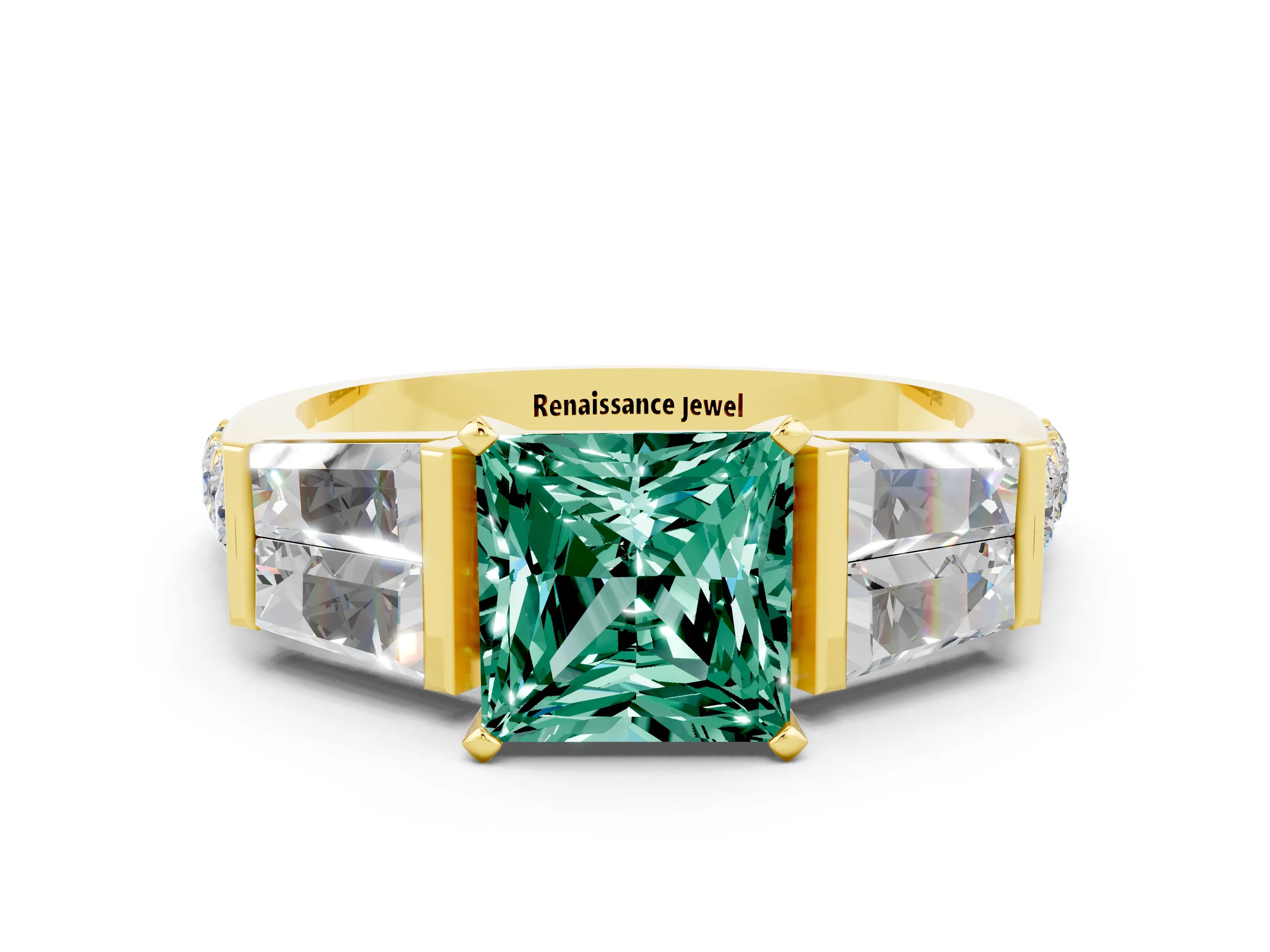 Yellow gold Princess Cut Green Sapphire Engagement Ring with Baguette Side Stones and Channel Set Band